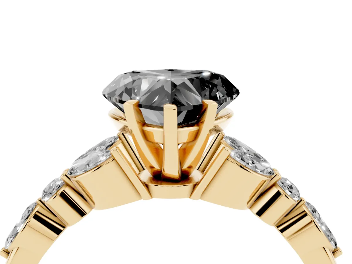 Fancy Black Heart Cut Diamond Solitaire Ring with Side Stones and Four-Prong Setting Yellow gold