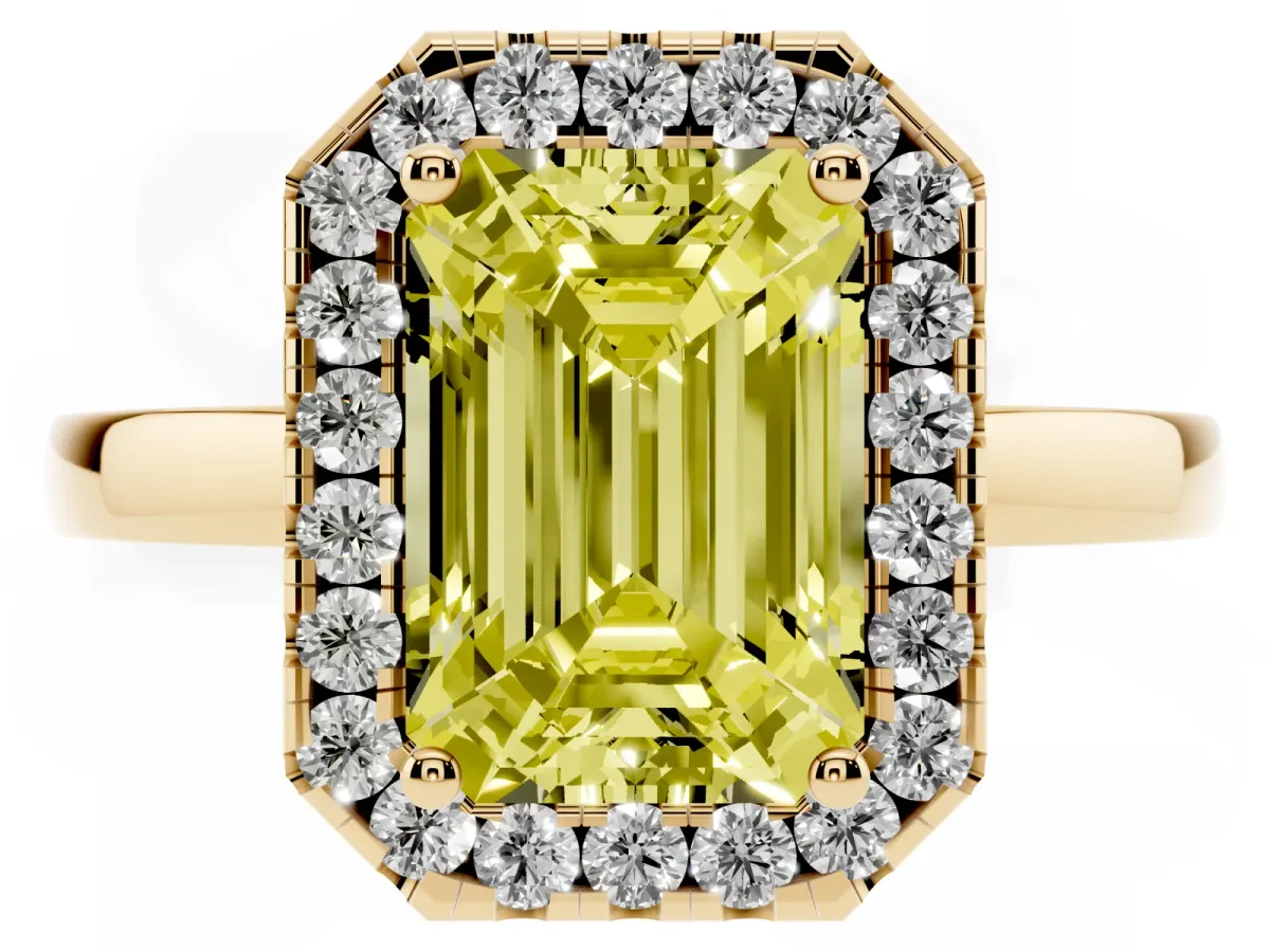 Fancy Yellow Emerald Cut Halo Diamond Solitaire with Pavé Band and Four-Prong Setting Yellow gold