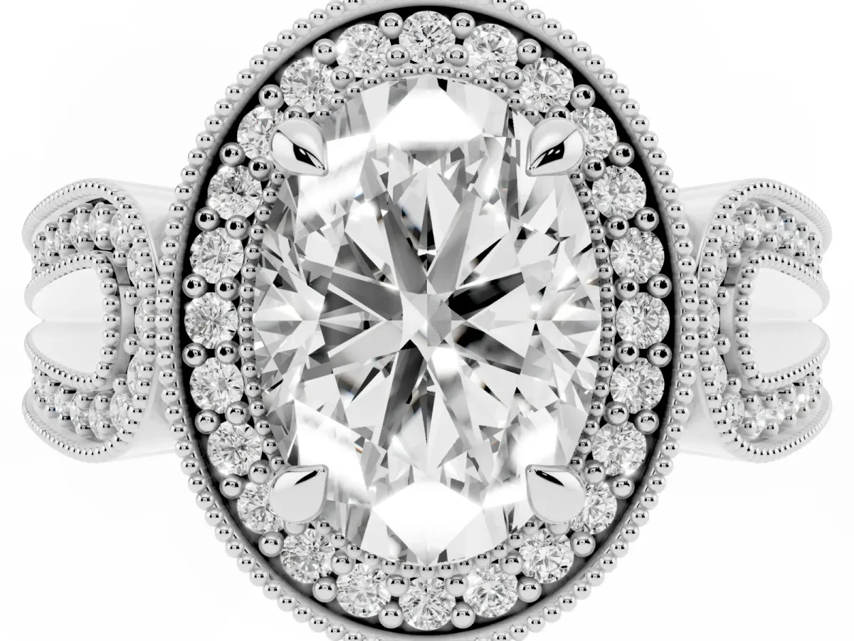 Oval Cut Halo Split Shank Milgrain Diamond Ring White gold
