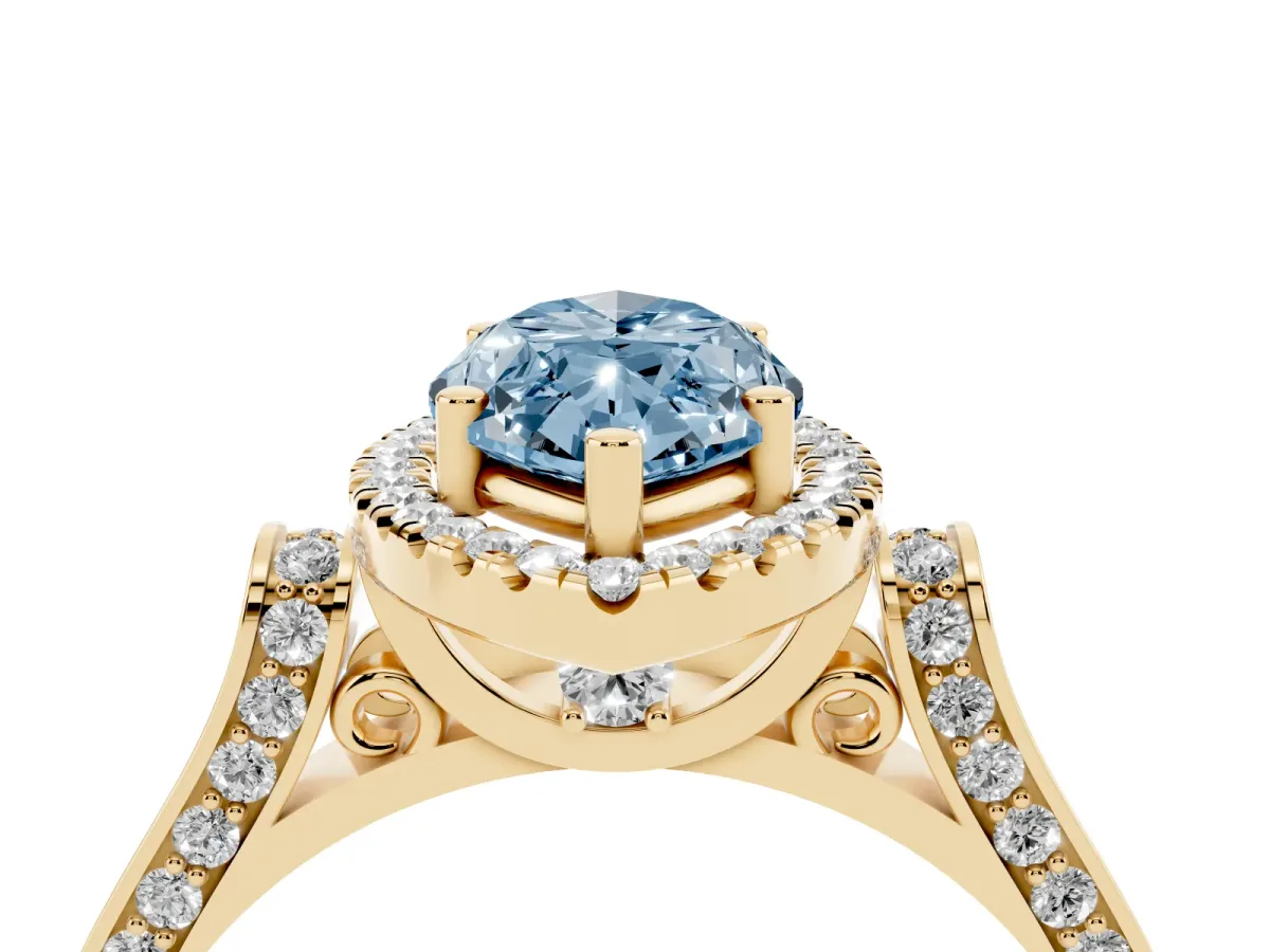 Fancy Blue Marquise Cut Halo Round Diamond Twist Band with Four-Prong Setting Yellow gold