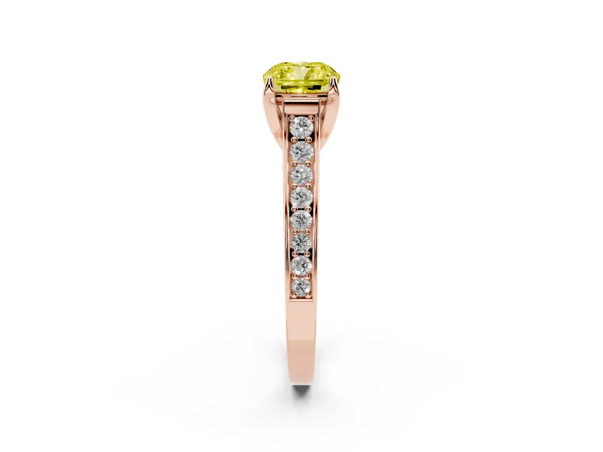 Fancy Yellow Cushion Cut Brilliant Cut Diamond Engagement Ring with Pavé Band and Four-Prong Setting Rose gold