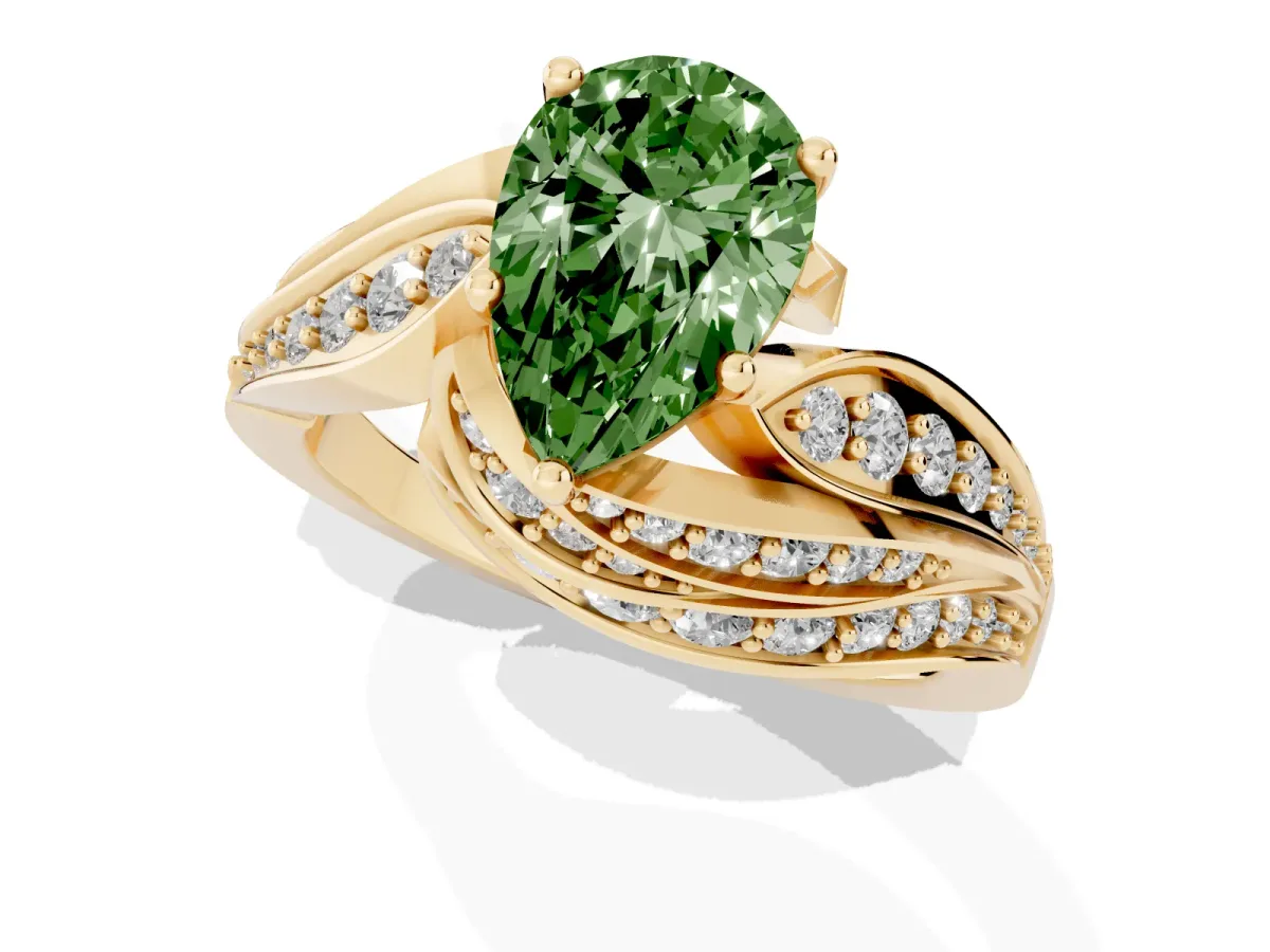 Fancy Green Pear Cut Diamond Solitaire Ring with Prong Setting and Twisted Pavé Band Yellow gold