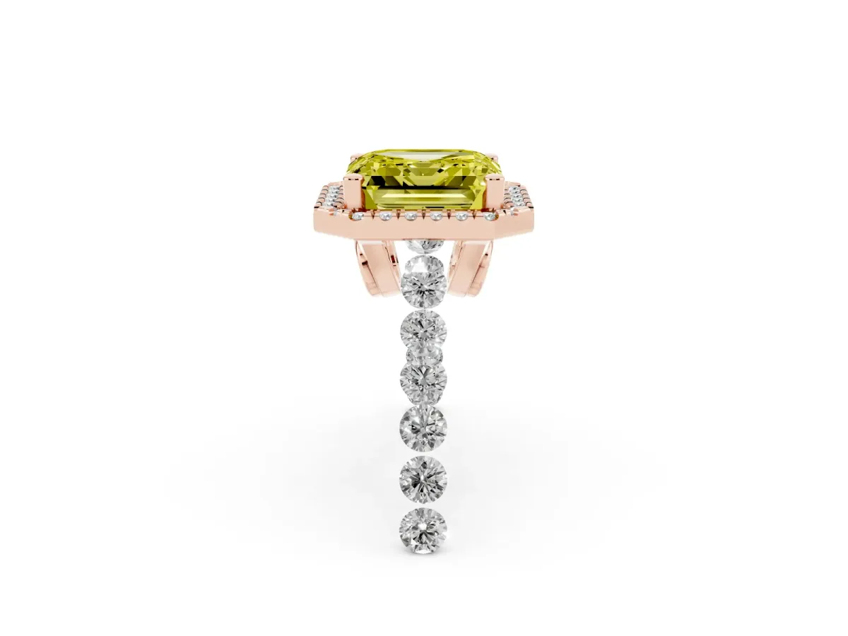 Fancy Yellow Asscher Cut Halo Pavé Diamond Engagement Ring with Four-Prong Setting Rose gold