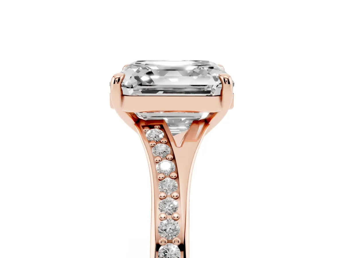 Asscher Cut Diamond Solitaire Ring with Pavé Band and Prong Setting Rose gold