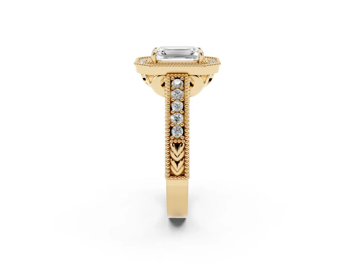 Emerald Cut Cut Halo Diamond Ring with Pavé Band and Four-Prong Setting Yellow gold