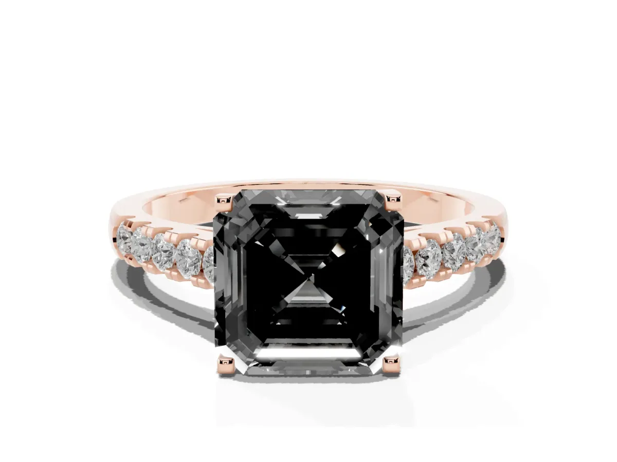 Fancy Black Asscher Cut Diamond Pavé Band Solitaire Ring with Prong Setting Rose gold