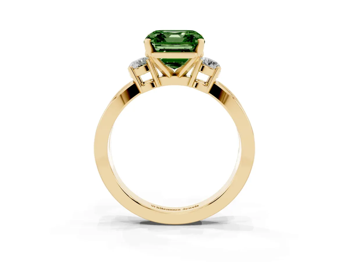 Fancy Green Three-Stone Asscher Cut Cut Diamond Twist Band with Prong Setting Yellow gold