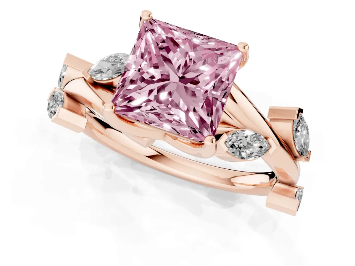 Fancy Pink Princess Cut Solitaire Twisted Band Marquise Accent Prong Setting Ring Rose gold