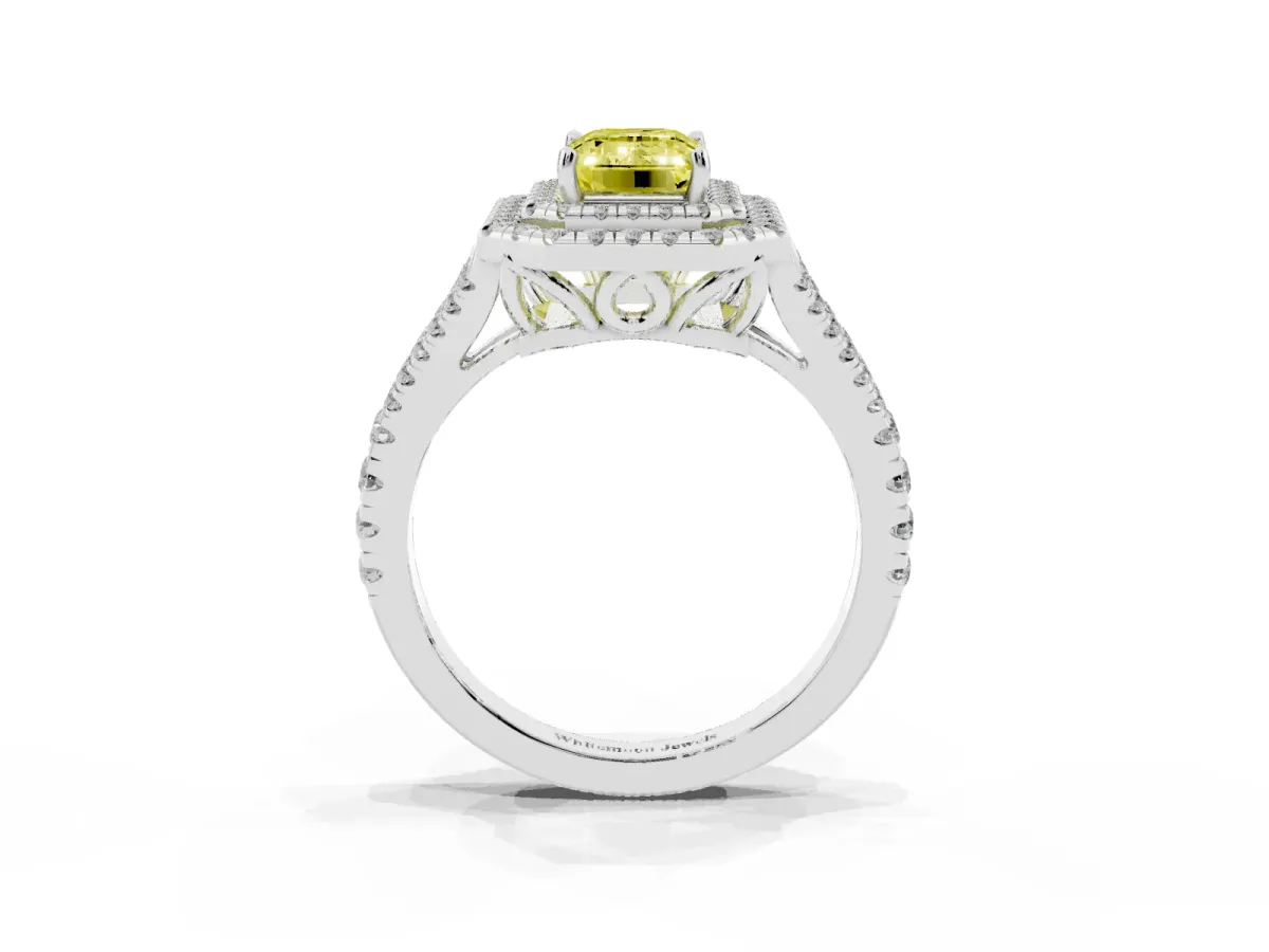 Fancy Yellow Emerald Cut Diamond Double Halo Ring with Pavé Band and Prong Setting Platinum