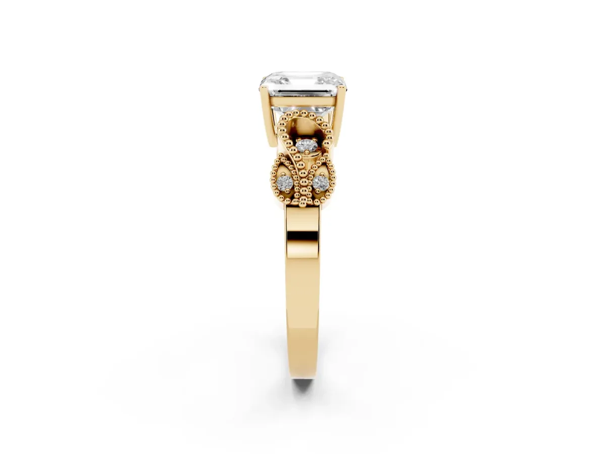 Asscher Cut Solitaire Milgrain Leaf Band with Prong Setting Yellow gold