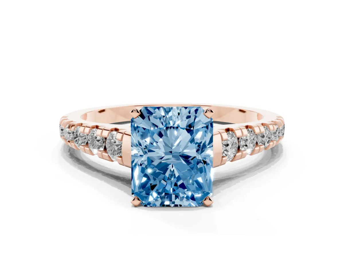 Fancy Blue Radiant Cut Diamond Cathedral Solitaire Ring with Round Pavé Band Rose gold