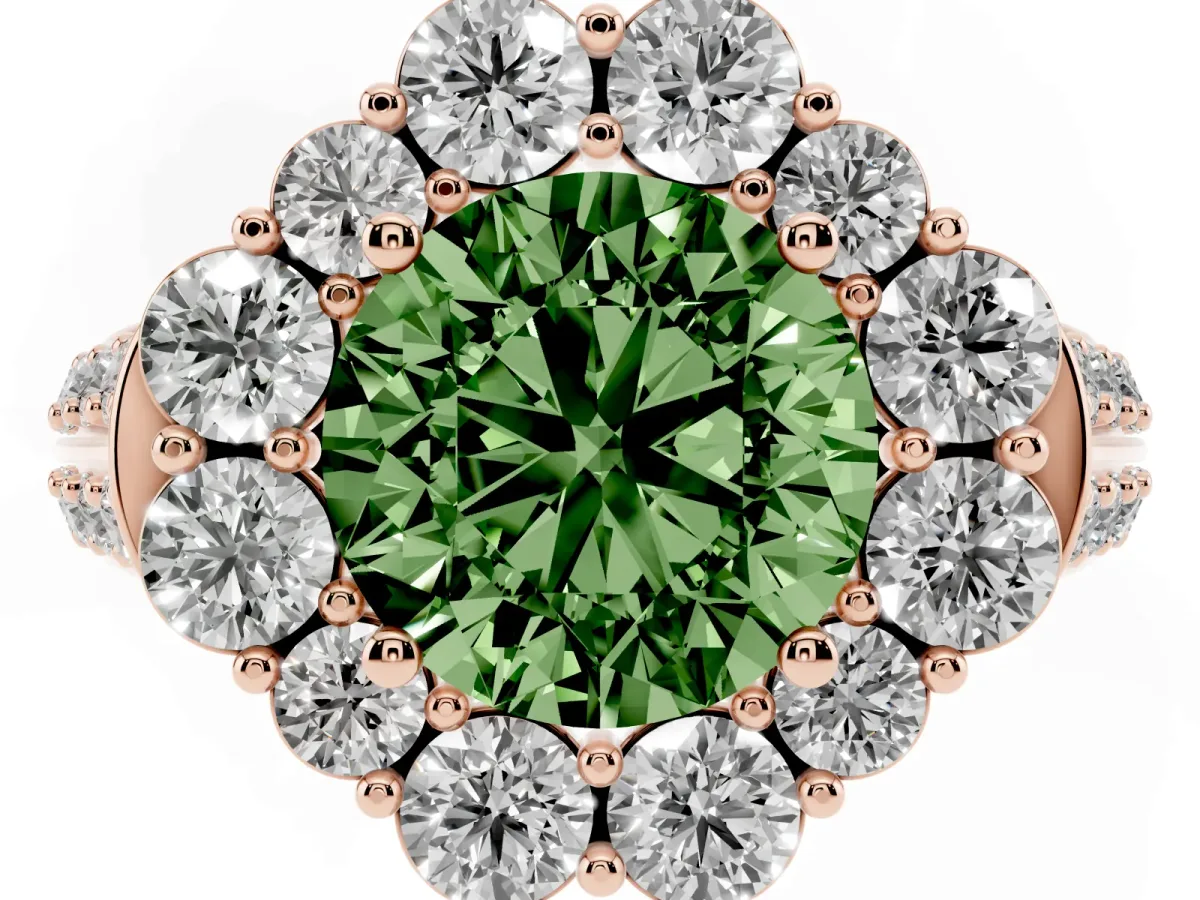 Fancy Green Round Cut Halo Diamond Engagement Ring with Split Shank and Prong Setting Rose gold