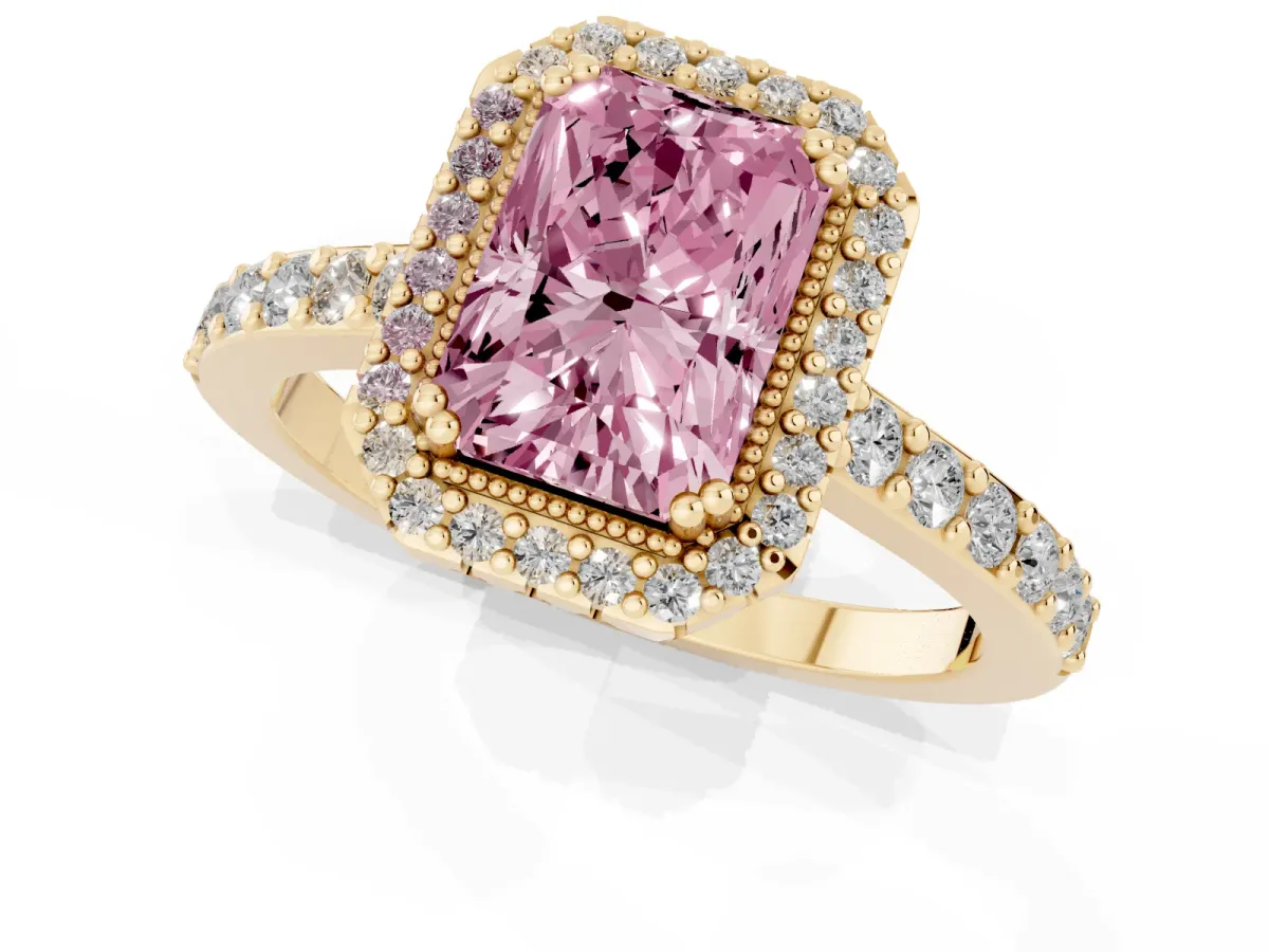 Fancy Pink Radiant Cut Cut Diamond Halo Engagement Ring with Milgrain Detail and Pavé Band Yellow gold