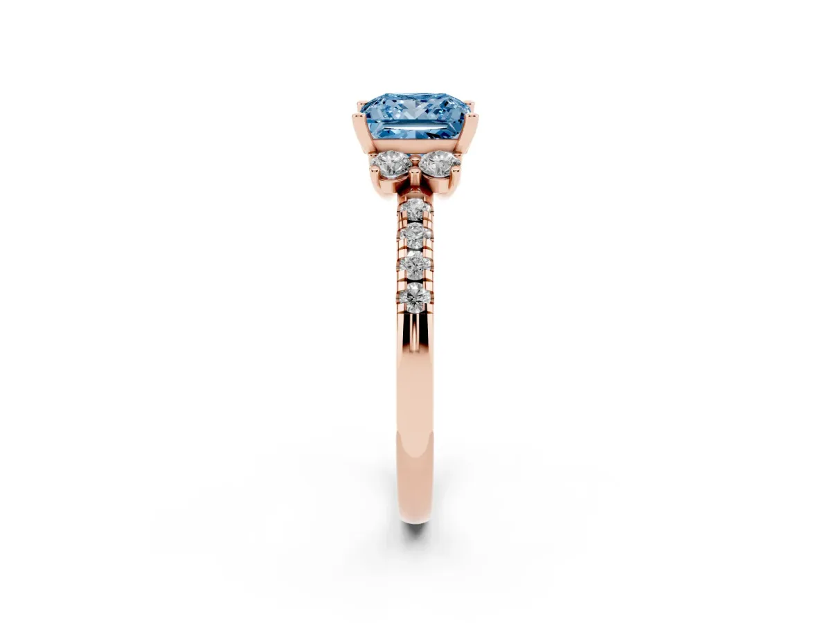 Fancy Blue Princess Cut Diamond Three-Stone Pave Band with Four-Prong Setting Rose gold
