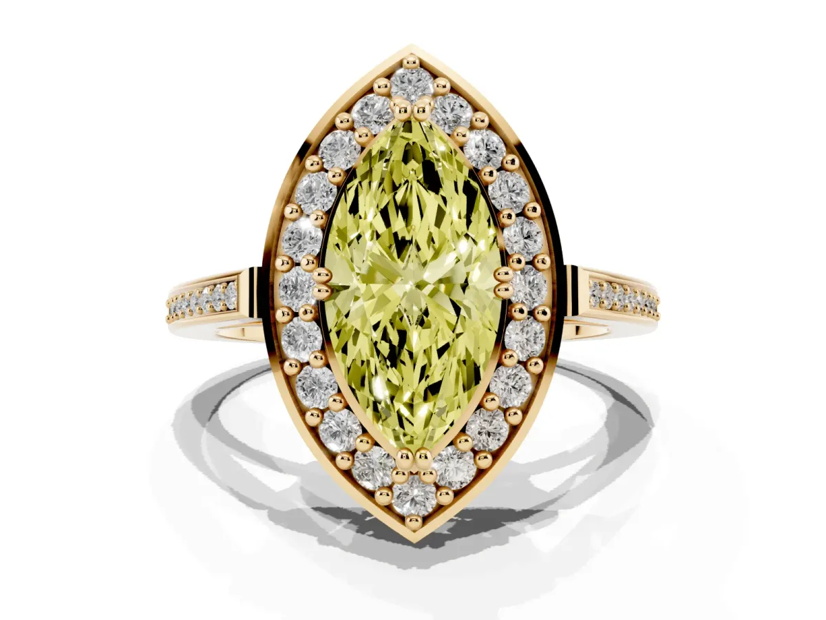 Fancy Yellow Marquise Cut Diamond Halo Ring with Split Shank and Four-Prong Setting Yellow gold