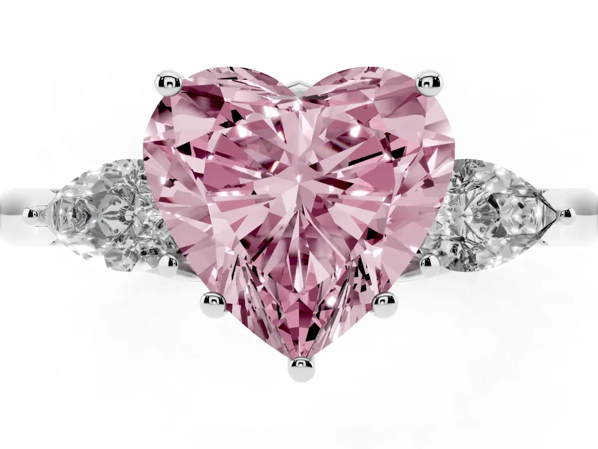 Fancy Pink Three-Stone Heart Cut Diamond Ring with Pear Side Stones in Four-Prong Setting Silver