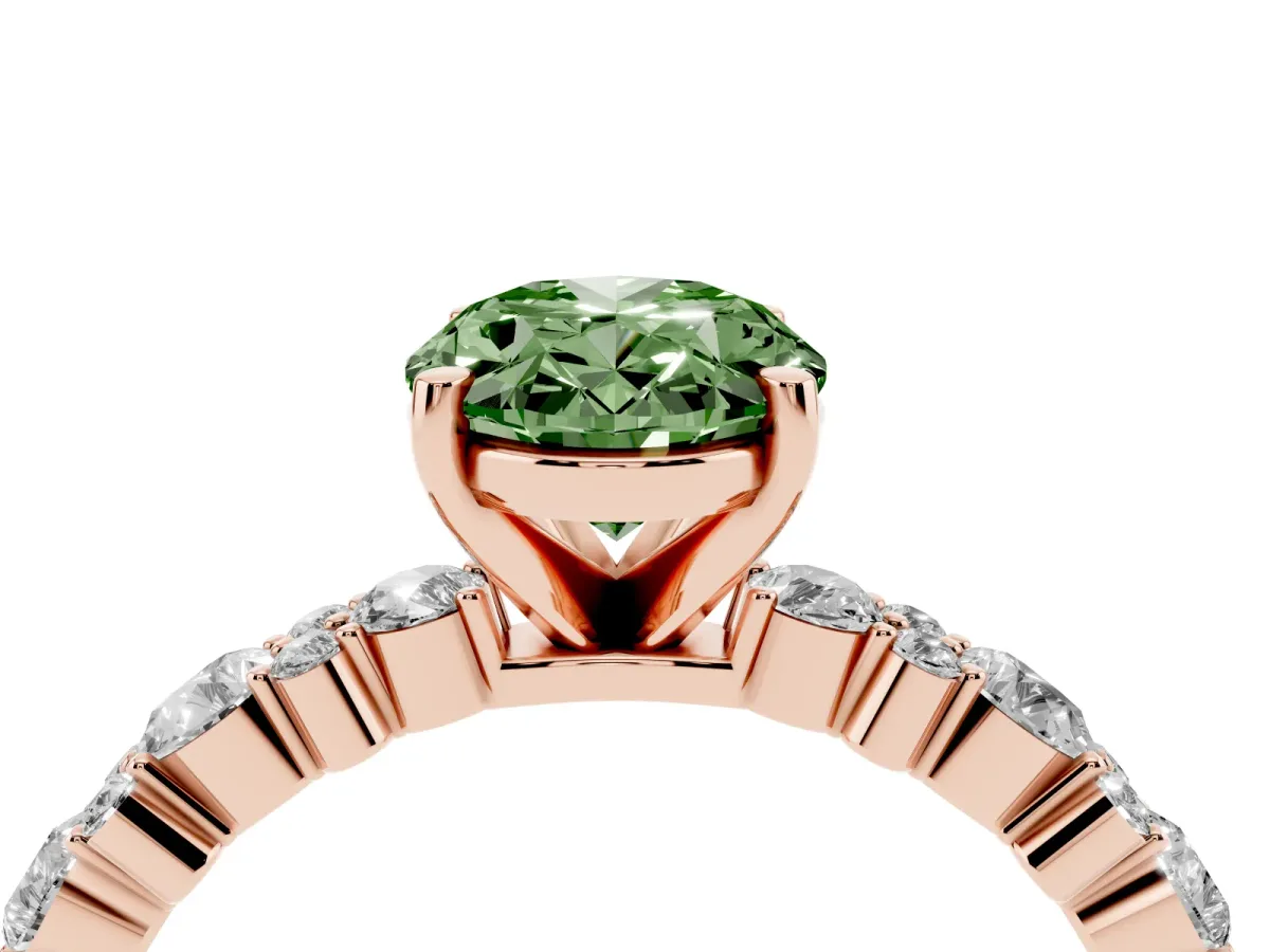 Fancy Green Oval Cut Diamond Side Stone Solitaire Ring with Round and Four-Prong Setting Rose gold