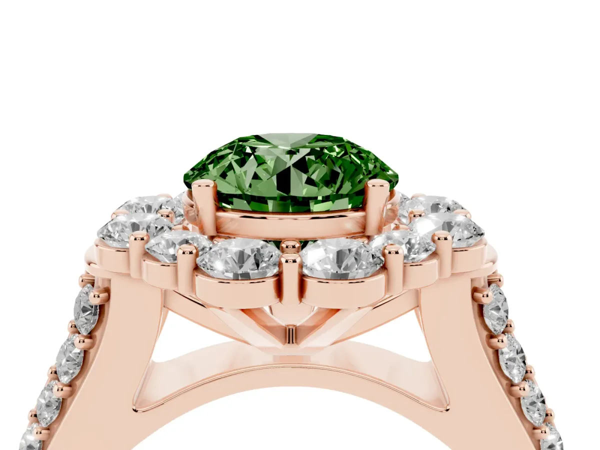 Fancy Green Round Cut Halo Diamond Engagement Ring with Split Shank and Prong Setting Rose gold