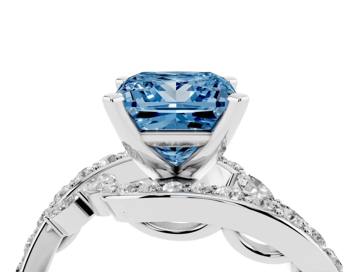 Fancy Blue Princess Cut Solitaire with Pavé Twist Band and Four-Prong Setting Platinum