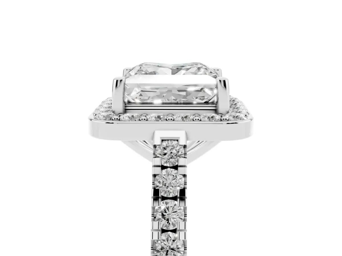 Princess Cut Diamond Halo Ring with Round Pavé Split Shank and Prong Setting Silver