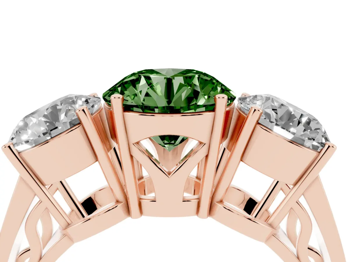 Fancy Green Round Cut Diamond Three-Stone Ring with Prong Setting and Textured Band Rose gold