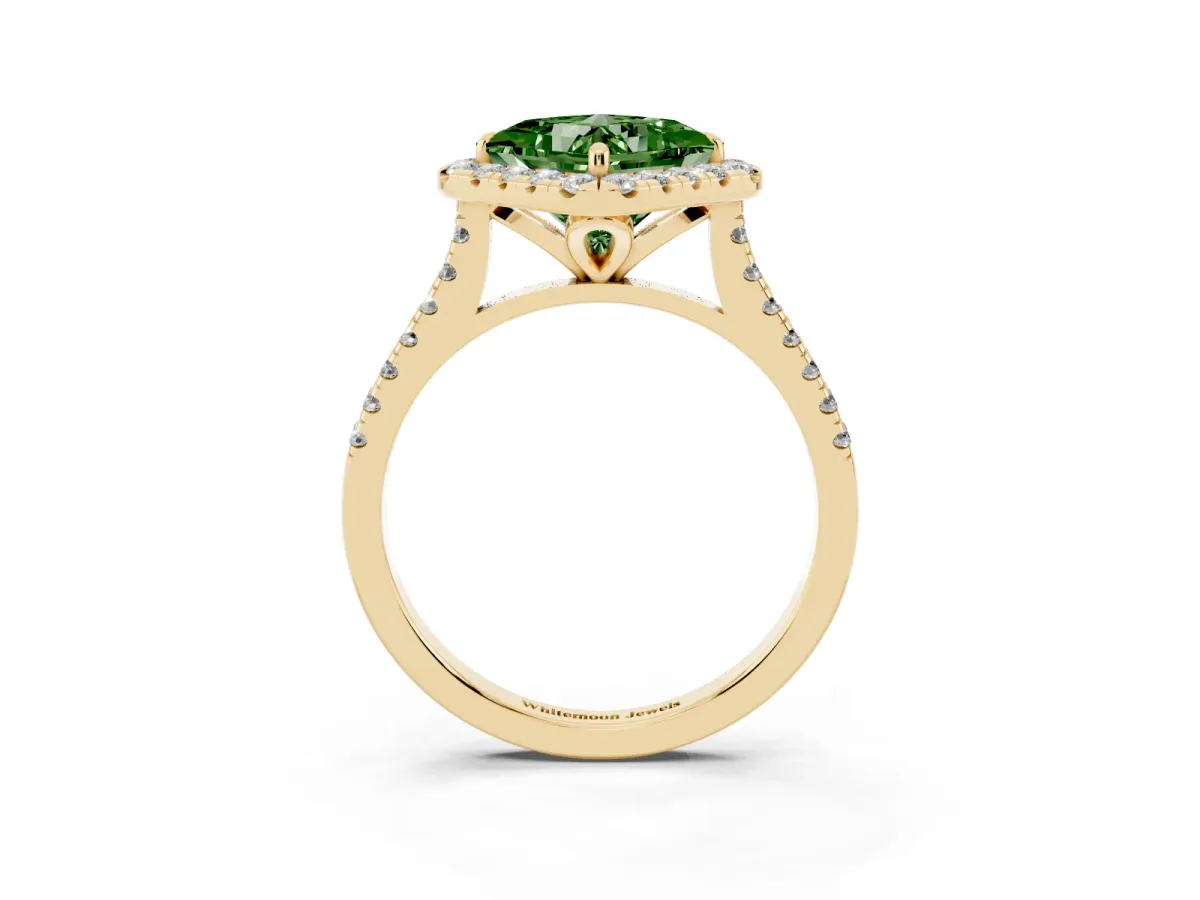 Fancy Green Princess Cut Diamond Cushion Halo Ring with Pavé Band Yellow gold