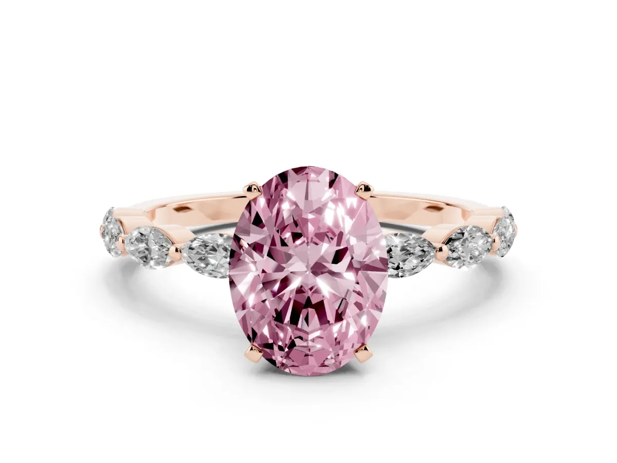 Fancy Pink Oval Cut Diamond Ring with Marquise Side Stones and Prong Setting Rose gold