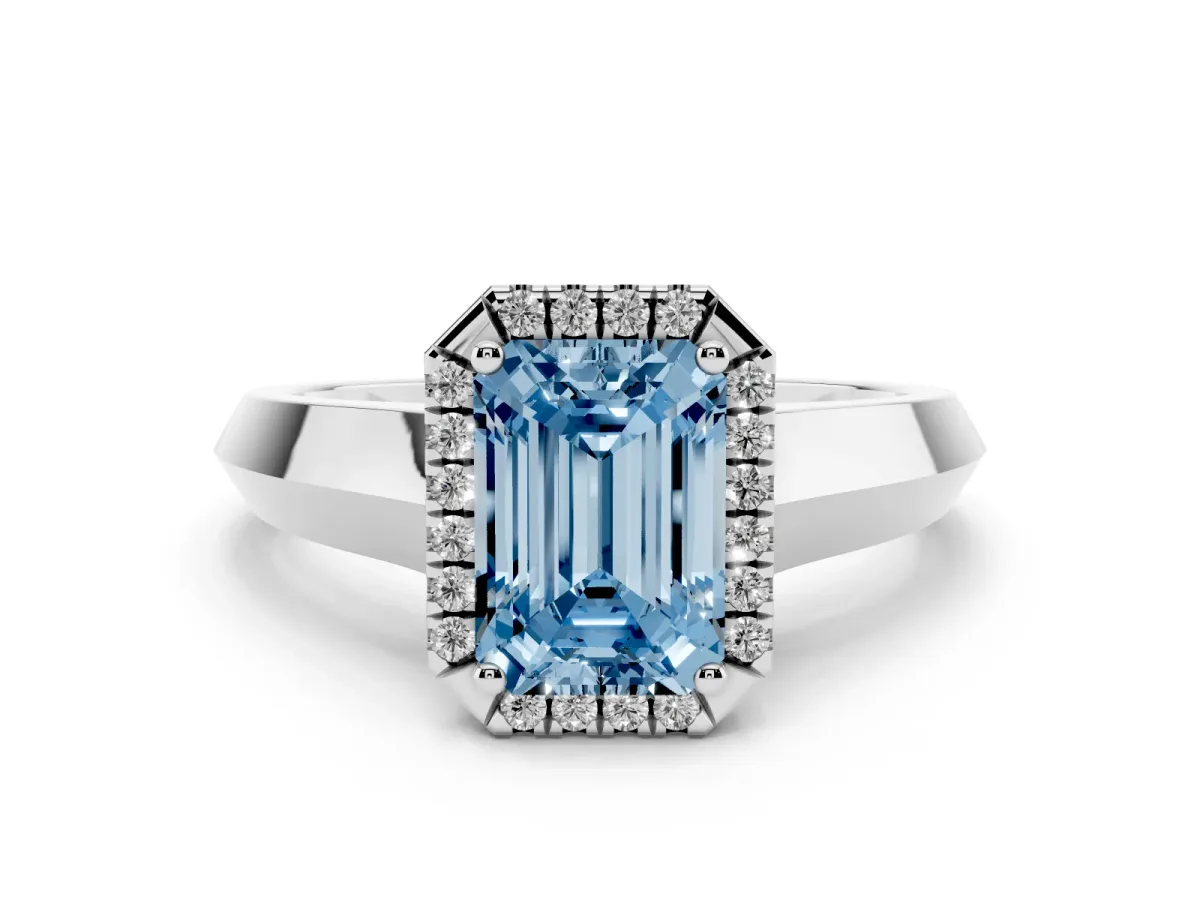 Fancy Blue Emerald Cut Halo Diamond Ring with Cathedral Band and Four-Prong Setting Silver