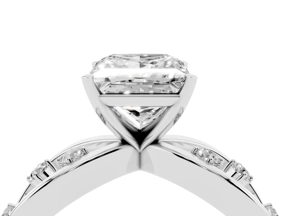 Princess Cut Cut Solitaire Diamond with Side Stones on Criss-Cross Band and Four-Prong Setting Silver