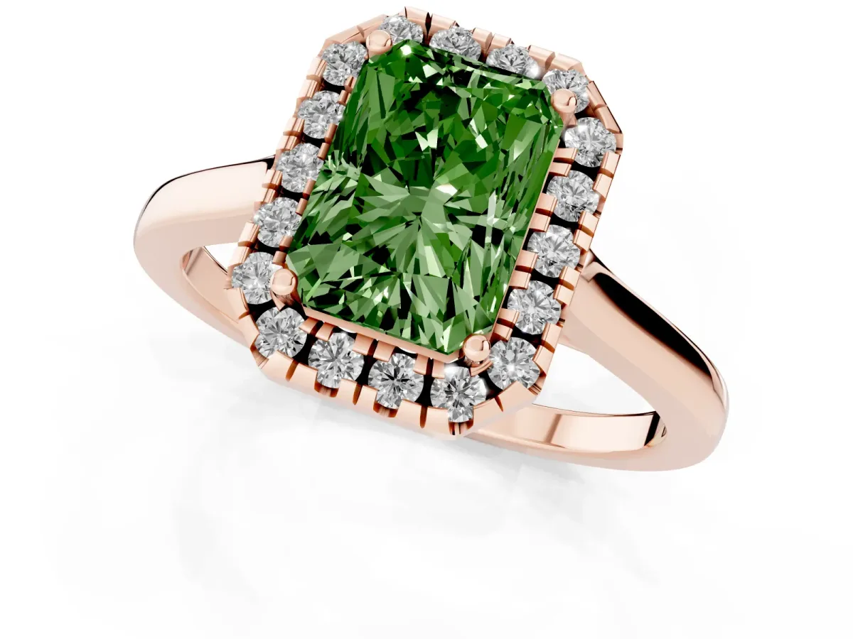 Fancy Green Radiant Cut Halo Round Diamond Solitaire Ring with Pavé Band and Four-Prong Setting Rose gold