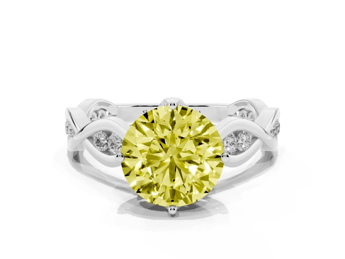 Fancy Yellow Round Cut Solitaire Twist Band with Leaf Prong Setting Platinum
