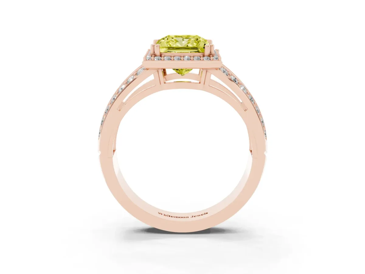 Fancy Yellow Princess Cut Diamond Halo Ring with Split Shank Pavé Band and Four-Prong Setting Rose gold