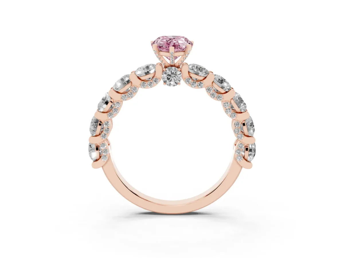 Fancy Pink Pear Cut Diamond Side Stone Engagement Ring with Four-Prong Setting Rose gold