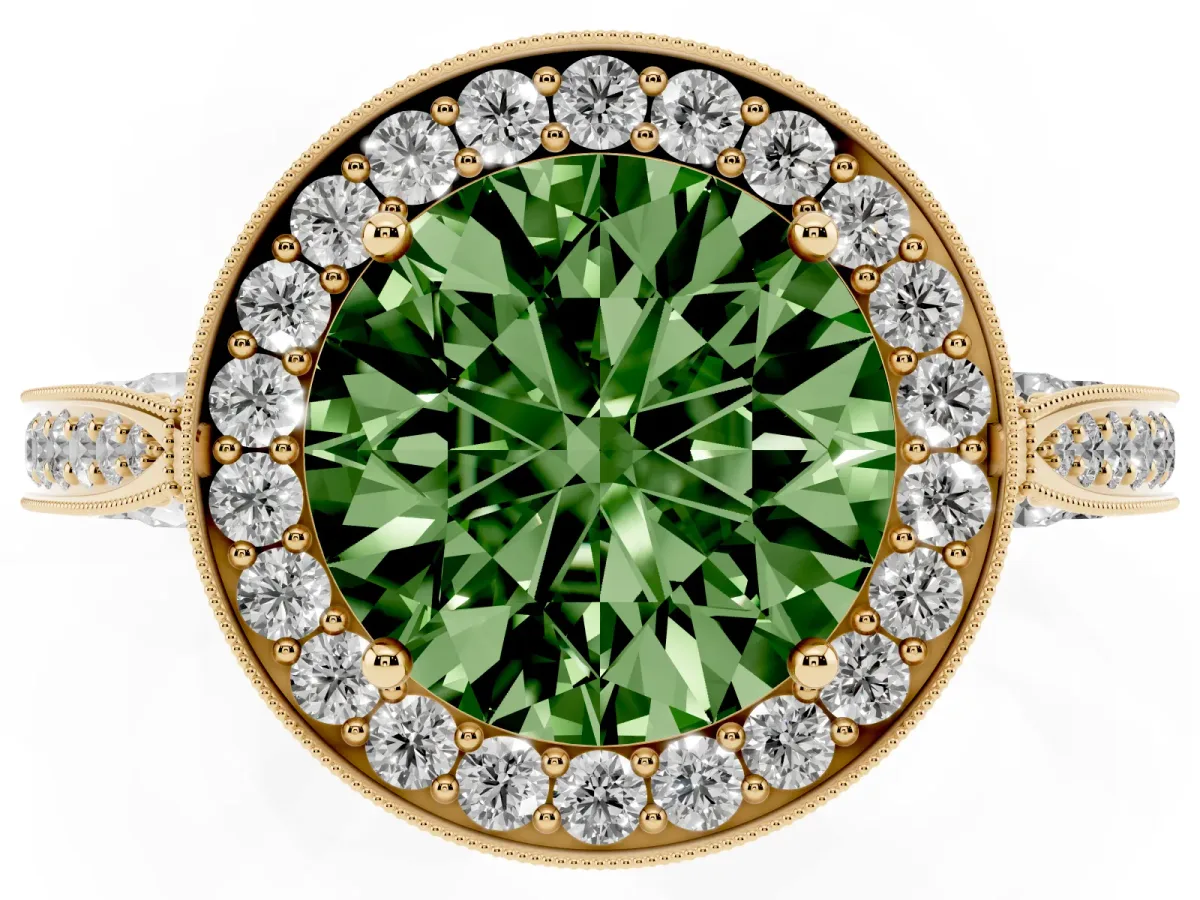 Fancy Green Round Cut Halo Diamond Engagement Ring with Split Shank Band and Four-Prong Setting Yellow gold