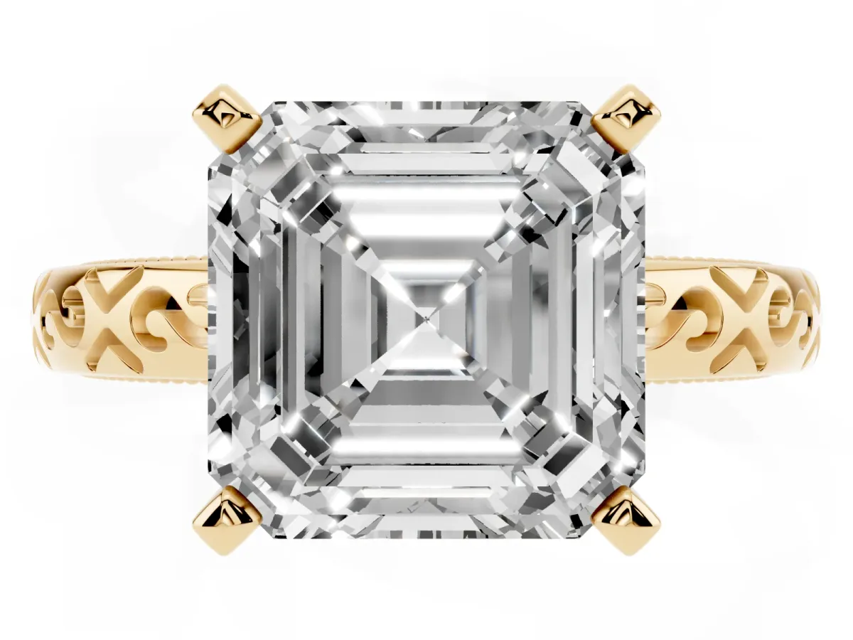 Asscher Cut Solitaire Engagement Ring with Scrollwork Band and Four-Prong Setting Yellow gold