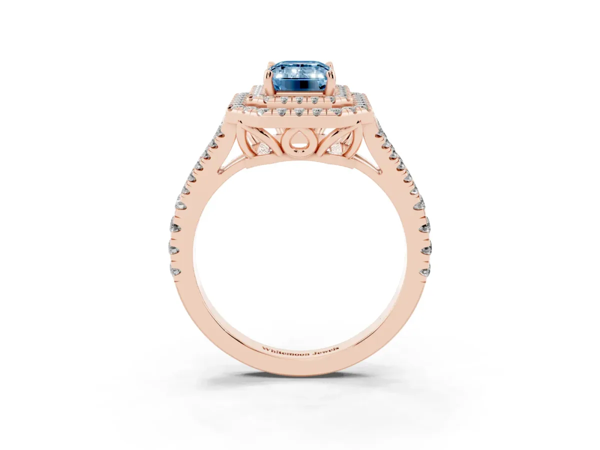 Fancy Blue Emerald Cut Diamond Double Halo Ring with Pavé Band and Prong Setting Rose gold