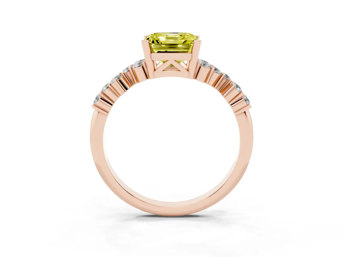 Fancy Yellow Asscher Cut Diamond Scattered Round Accent Ring with Prong Setting Rose gold