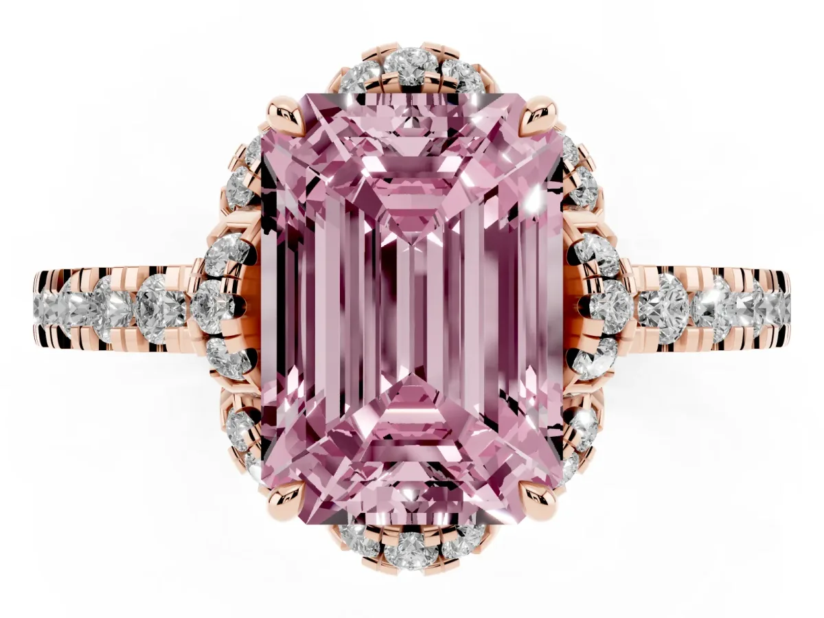 Fancy Pink Emerald Cut Halo Diamond Pave Band Ring with Four-Prong Setting Rose gold