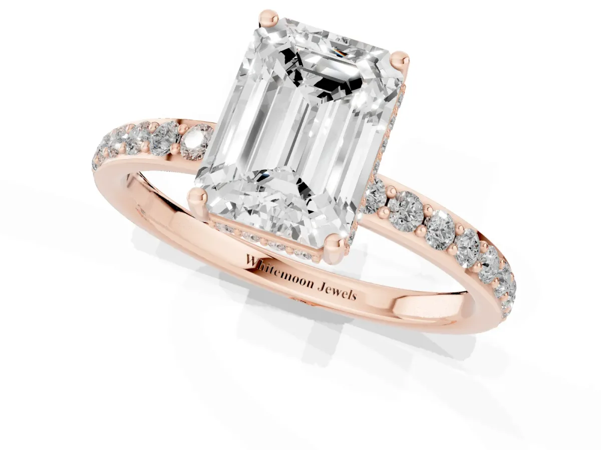 Emerald Cut Diamond Solitaire Ring with Pavé Band and Hidden Halo Rose gold