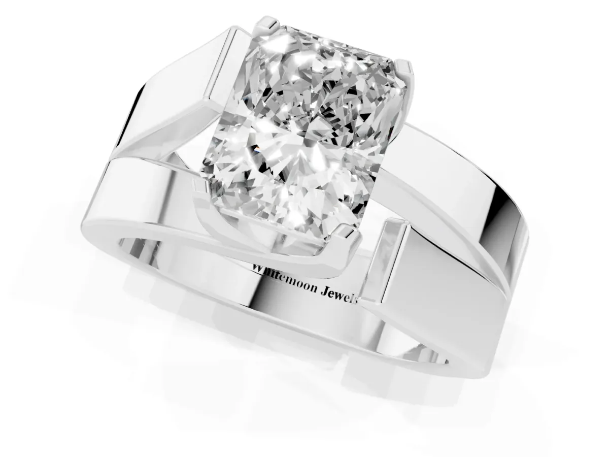 Modern Tension Set Radiant Cut Diamond Solitaire Wide Band Ring Silver