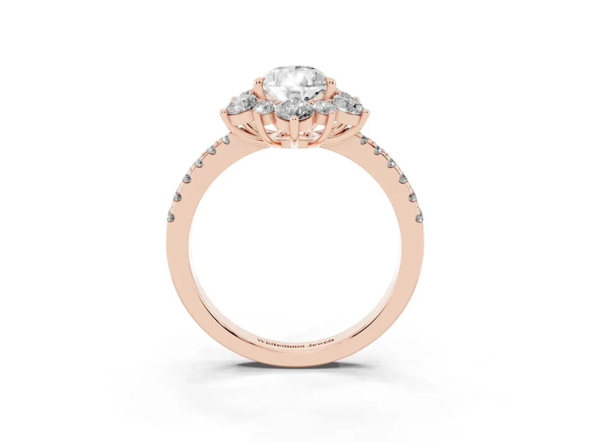 Pear Cut Diamond Floral Halo Ring with Round Pavé Band and Prong Setting Rose gold
