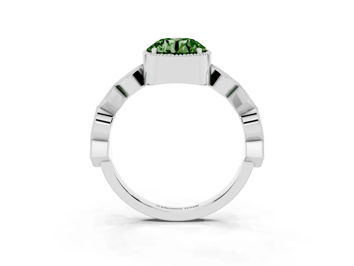 Fancy Green Round Cut Milgrain Marquise Diamond Twist Band Ring Silver