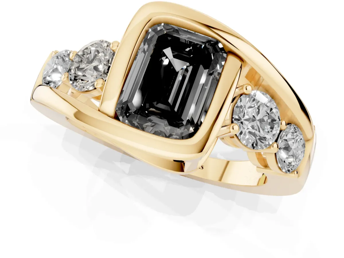 Fancy Black Bezel Set Emerald Cut Diamond Bypass Ring with Round Accents Yellow gold