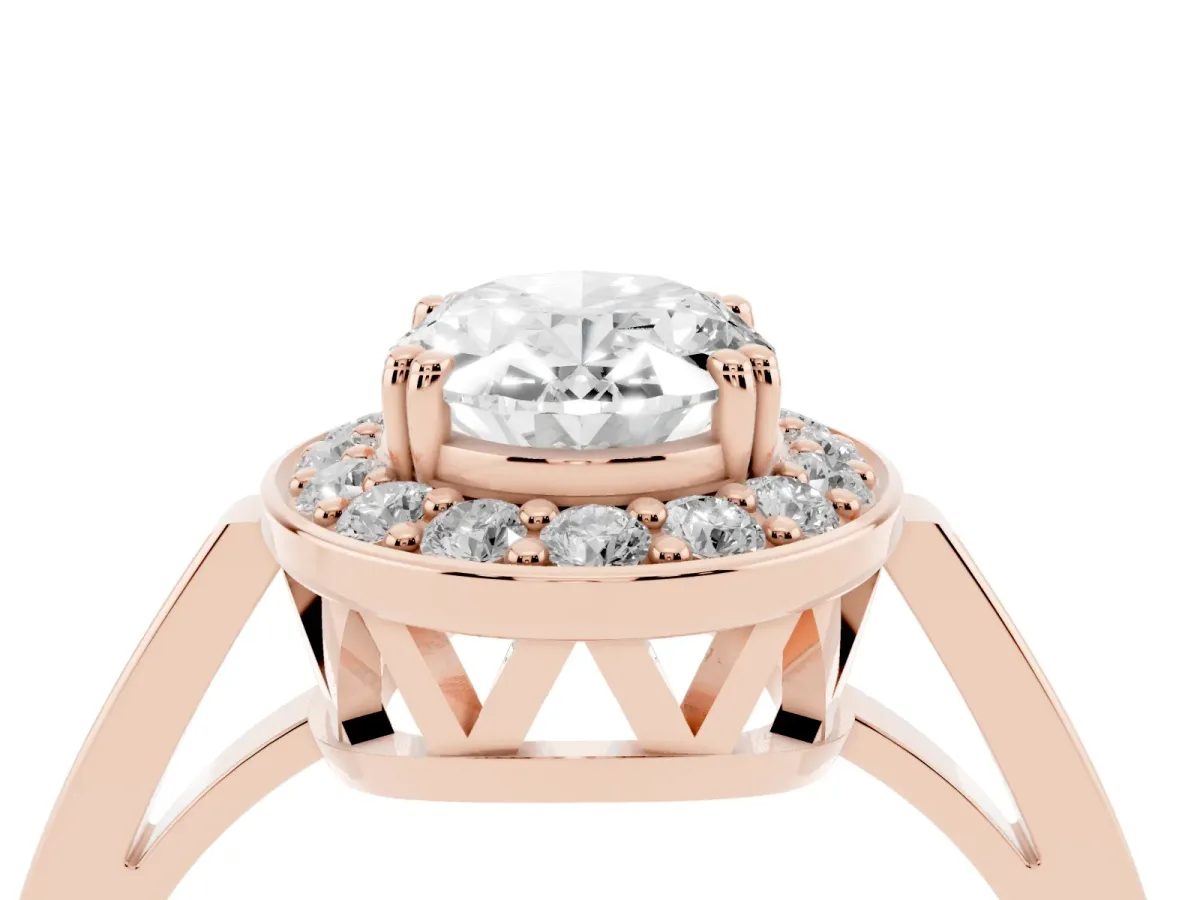 Oval Cut Diamond Halo Ring with Split Shank and Four-Prong Setting Rose gold