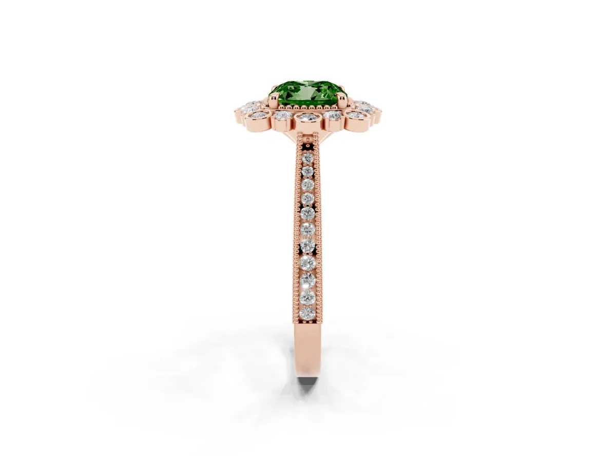 Fancy Green Cushion Cut Halo Milgrain Pave Diamond Ring with Four-Prong Setting Rose gold
