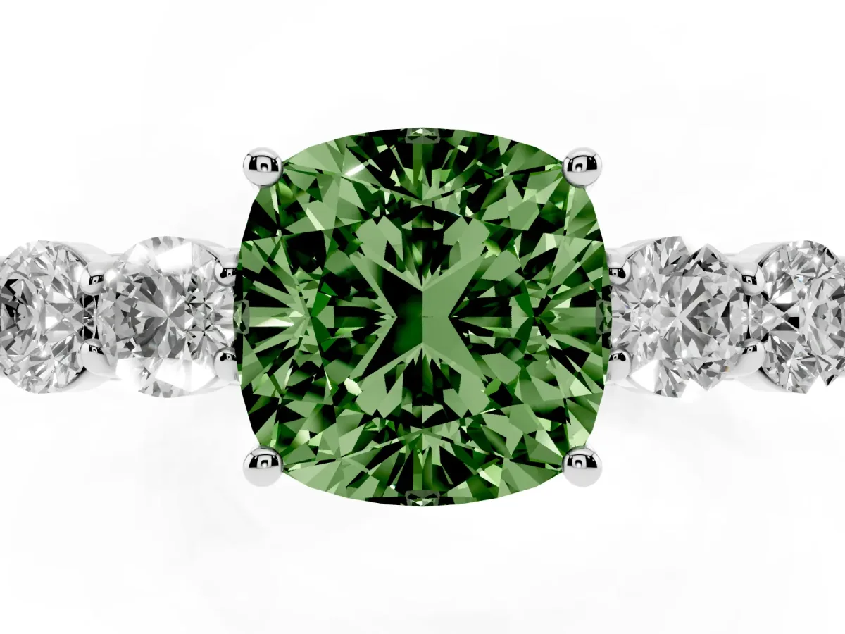 Fancy Green Cushion Cut Cut Diamond Five-Stone Prong Set White Gold Ring Silver