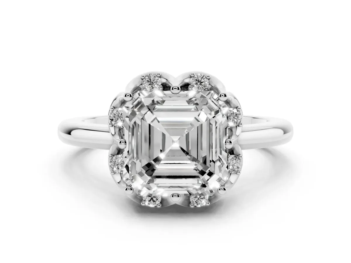 Asscher Cut Halo Diamond Ring with Round Cluster Setting, Solitaire Band, and Four-Prong Setting Silver