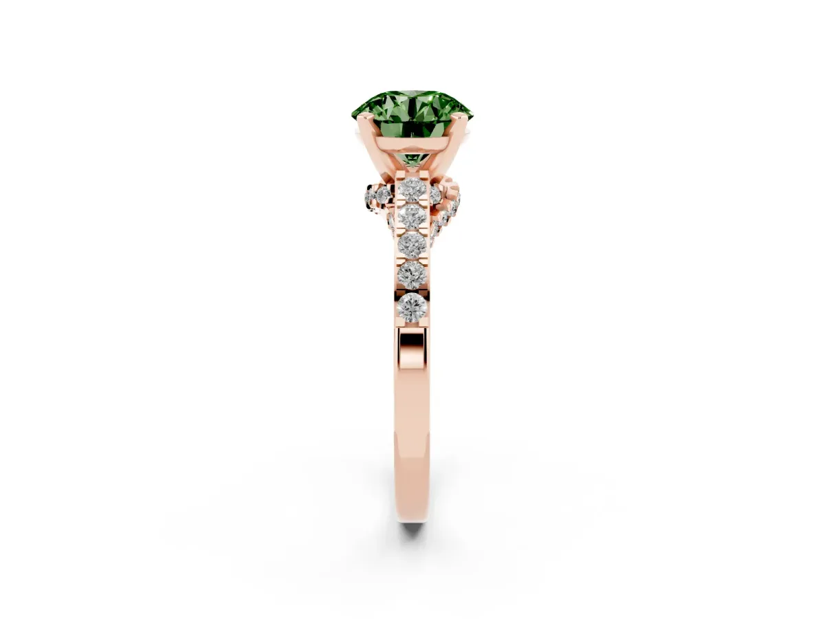 Fancy Green Round Cut Diamond Solitaire Ring with Crossover Gallery and Round Pavé Band Rose gold