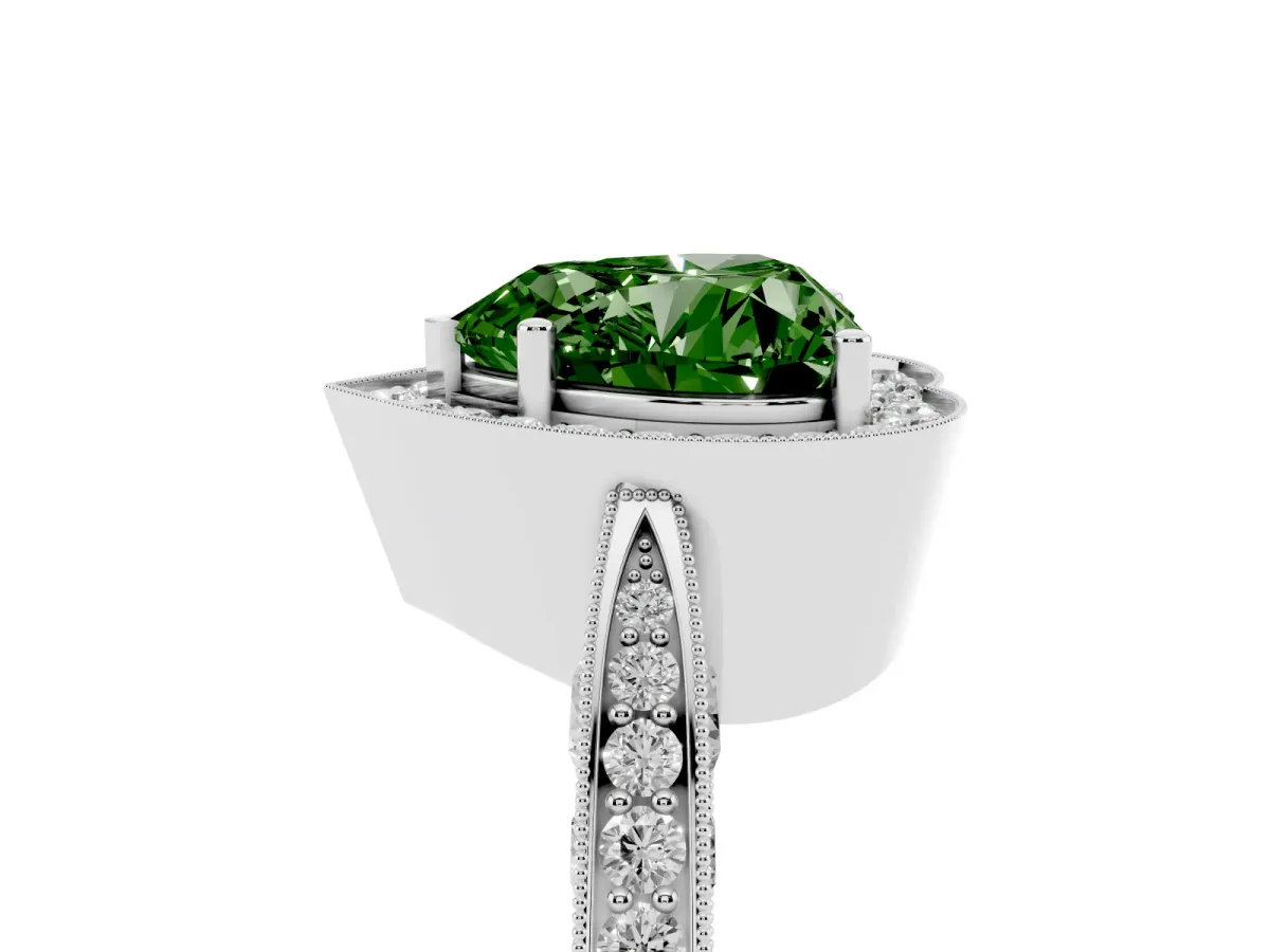 Fancy Green Heart Cut Halo Diamond Engagement Ring with Split Shank Band and Four-Prong Setting Silver