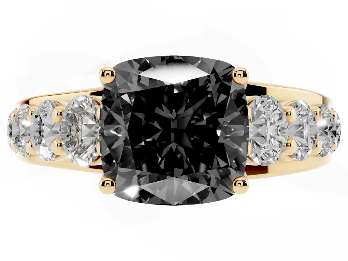 Fancy Black Cushion Cut Diamond Engagement Ring with Pavé Band and Four-Prong Setting Yellow gold